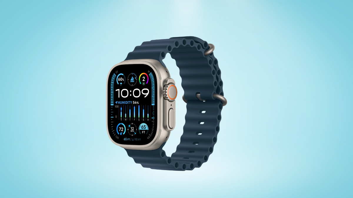 Smartwatch with blue band displaying fitness and weather metrics on a digital screen.