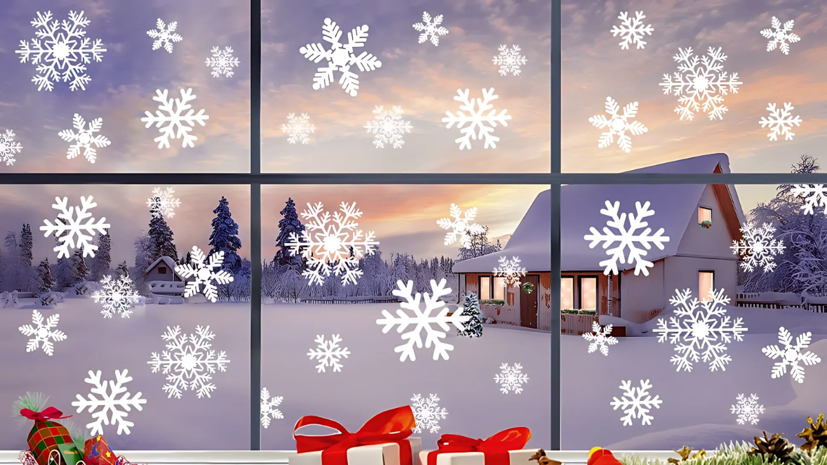A scenic winter view of a snow-covered landscape with cozy cottages under a vibrant sunset, framed by a window adorned with decorative snowflake decals. A festive windowsill displays wrapped gifts and holiday decor.
