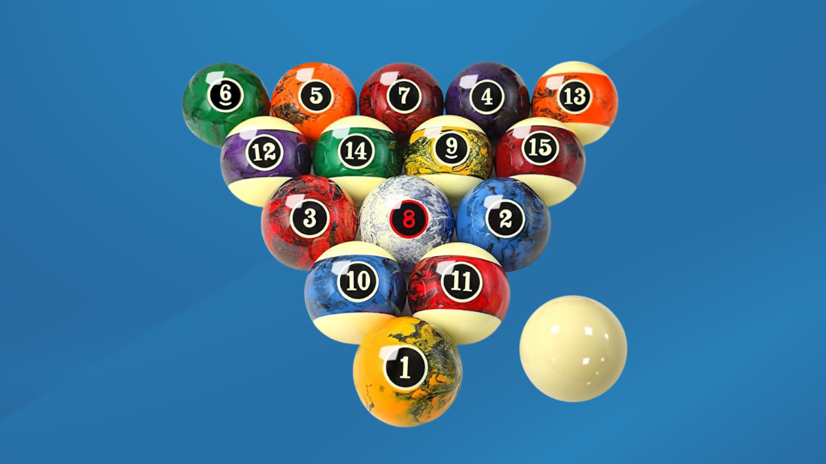 This image displays a triangular arrangement of billiard balls, including a mix of solid and striped balls with a unique marbled design.
