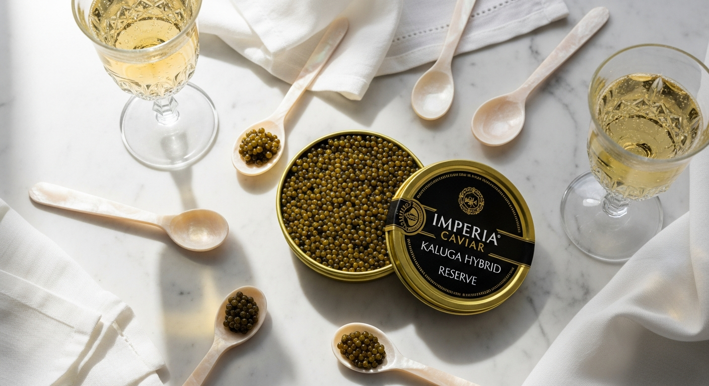 Imperia Caviar Kaluga Hybrid Reserve caviar pearls with golden hue and jade shimmer in luxury serving vessel