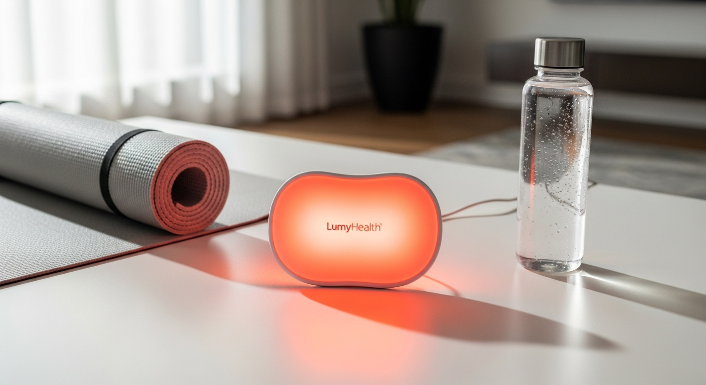 LumyHealth Red Light Therapy Pad device displaying dual-wavelength LED technology for home recovery