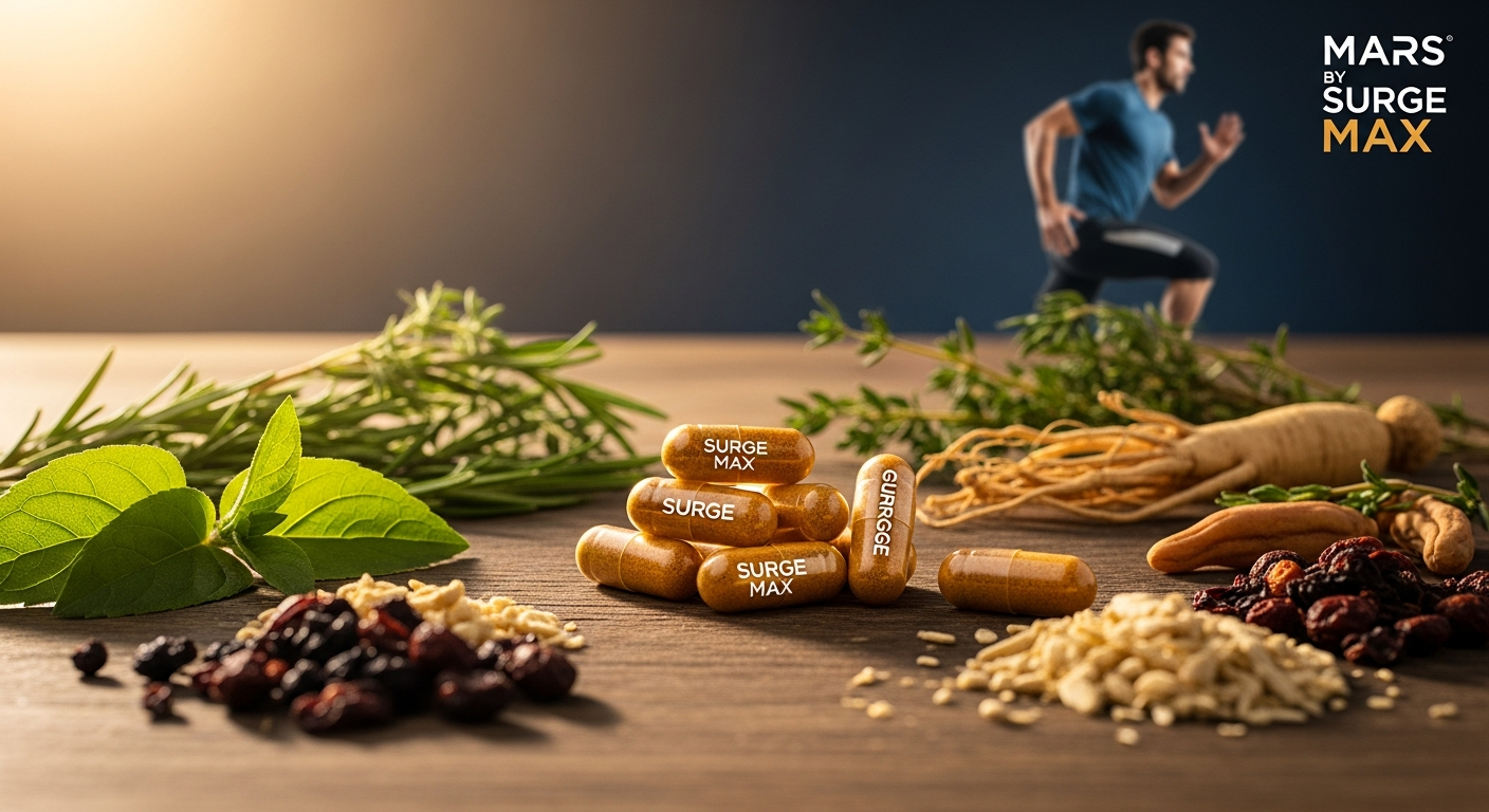 Mars by GHC Surge Max Capsules bottle displayed with Ayurvedic herbs and fitness equipment background