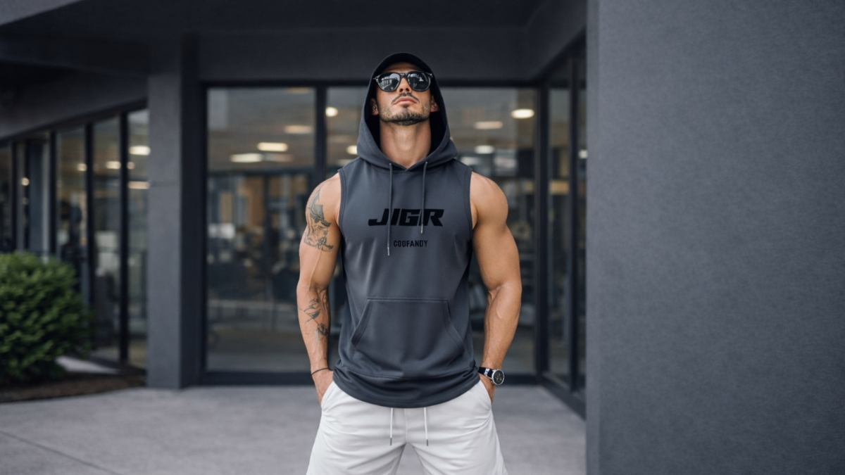 Model wearing COOFANDY × JGR Workout Gym Tank Top with hood and sunglasses