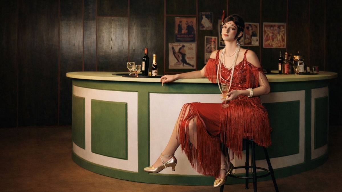 BABEYOND Charleston Shine Fringe Flapper Dress in Velvet Rouge worn at vintage 1920s bar setting with layered fringe, Art Deco beading, pearl accessories, and gold T-strap heels.