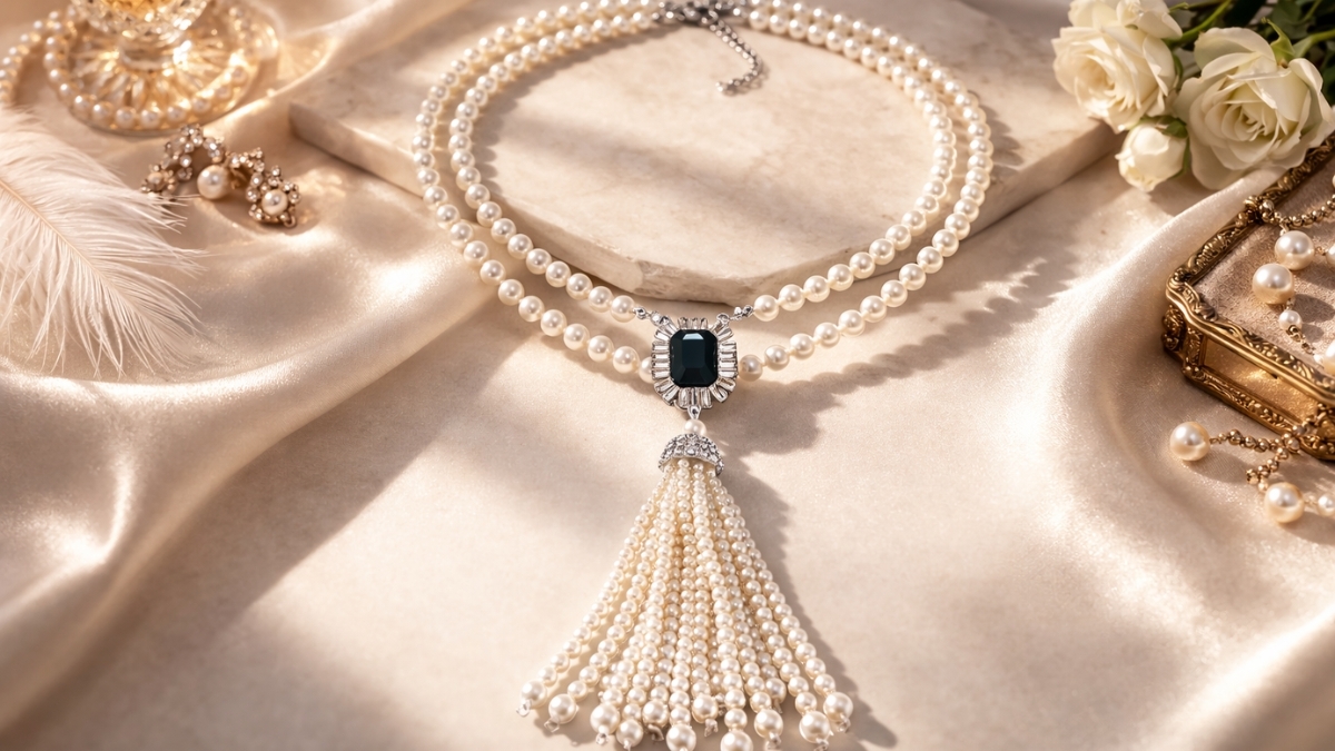 BABEYOND Luxurious Gem Pearl Tassel Necklace in cream with crystal connector and long tassels